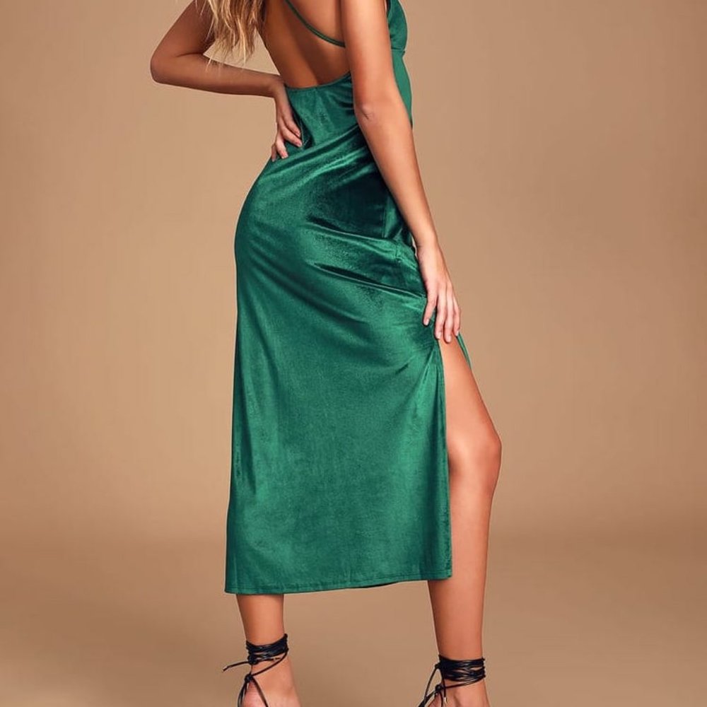Lulu's Teal Green Velvet Cowl Neck Midi Dress